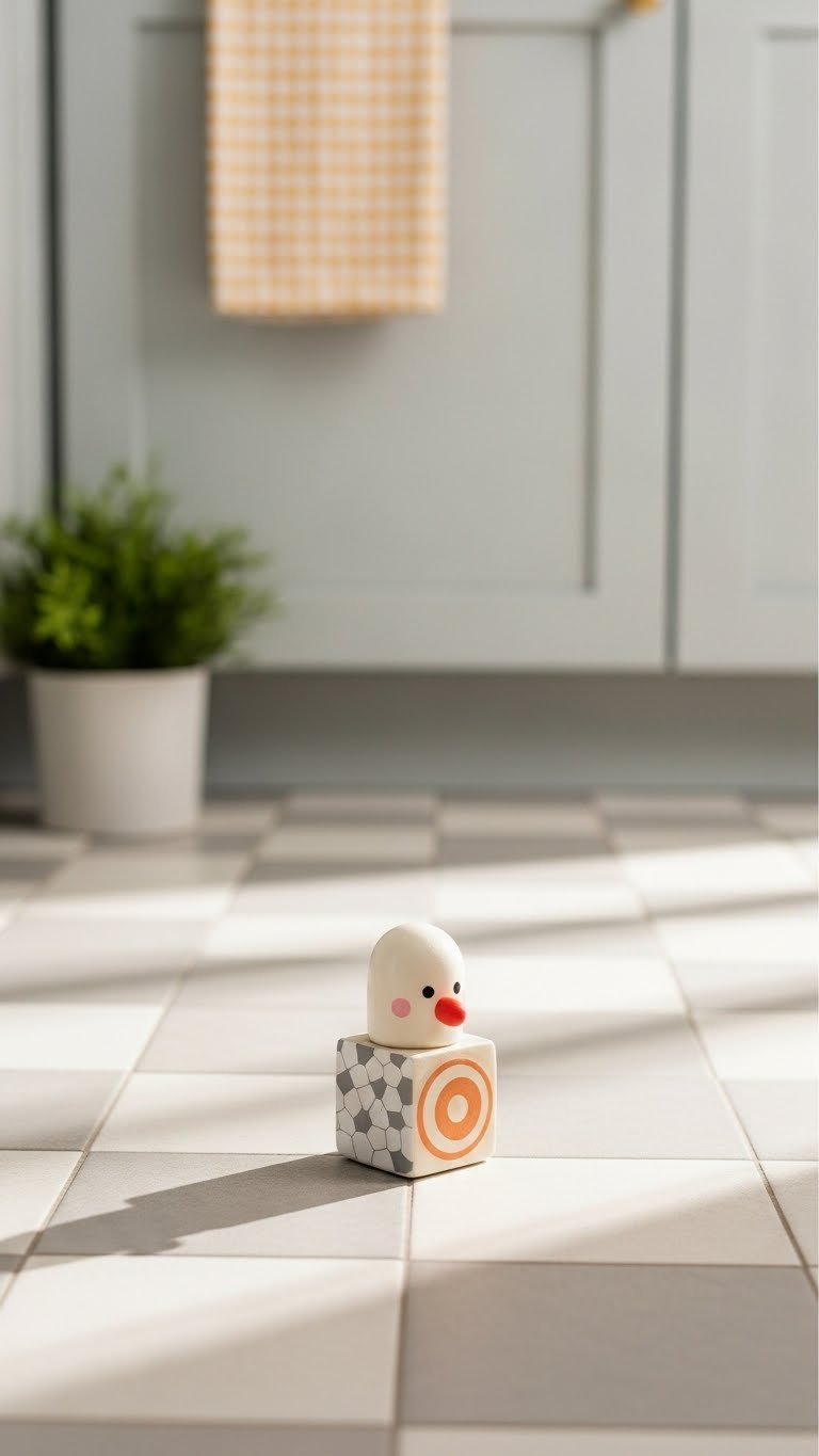 Small kitchen floor with subtle checkerboard pattern using neutral tiles adding dynamic visual movement