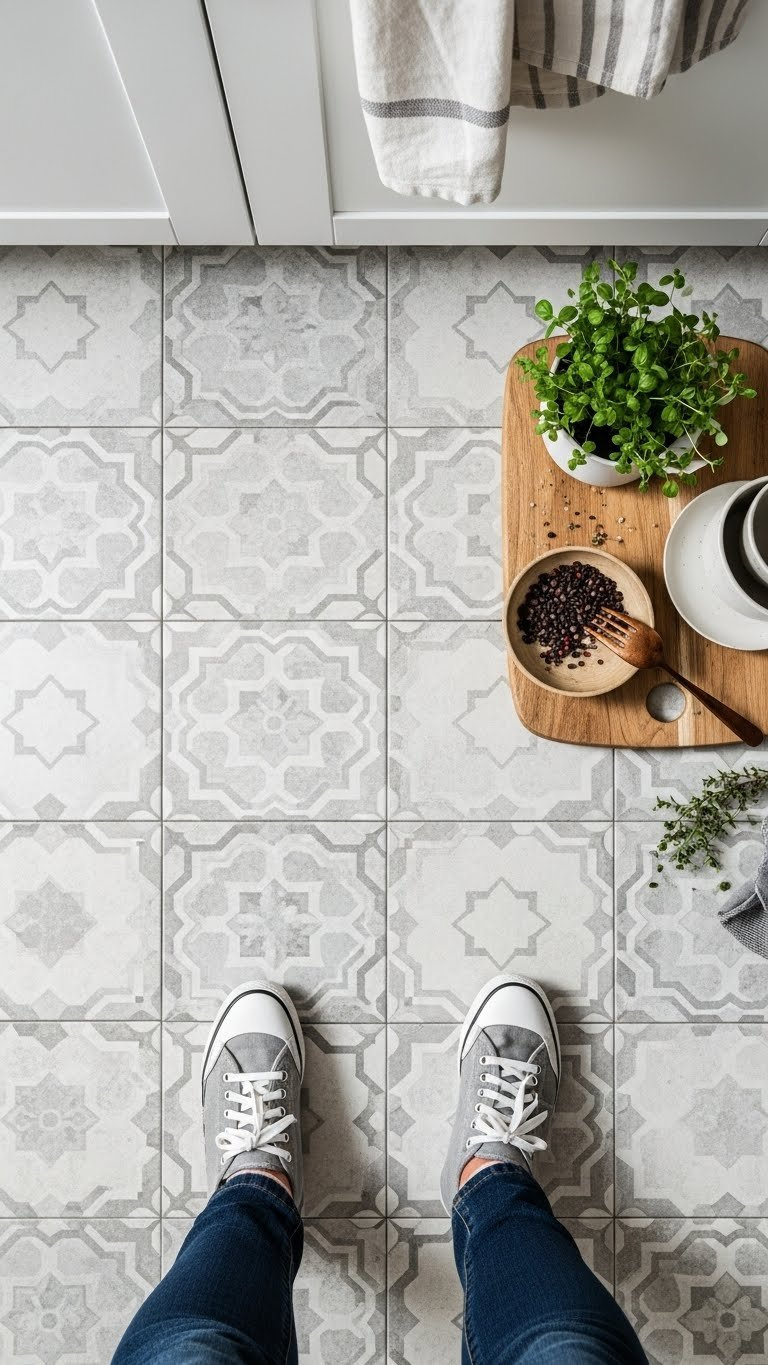 Small kitchen floor with subtle geometric patterned neutral tiles and elegant minimalist styling elements