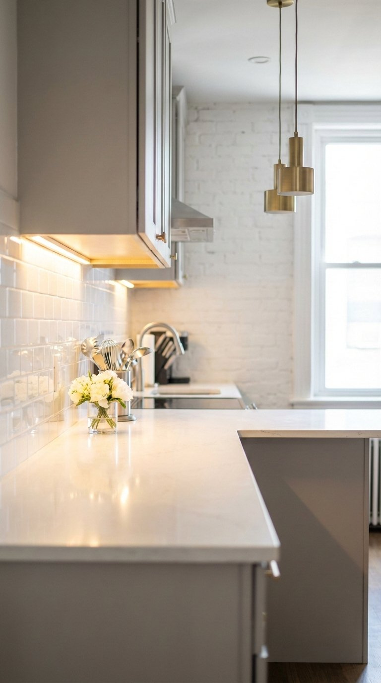 Small kitchen illuminated by strategic LED under-cabinet lighting and pendant lights creating warm ambiance