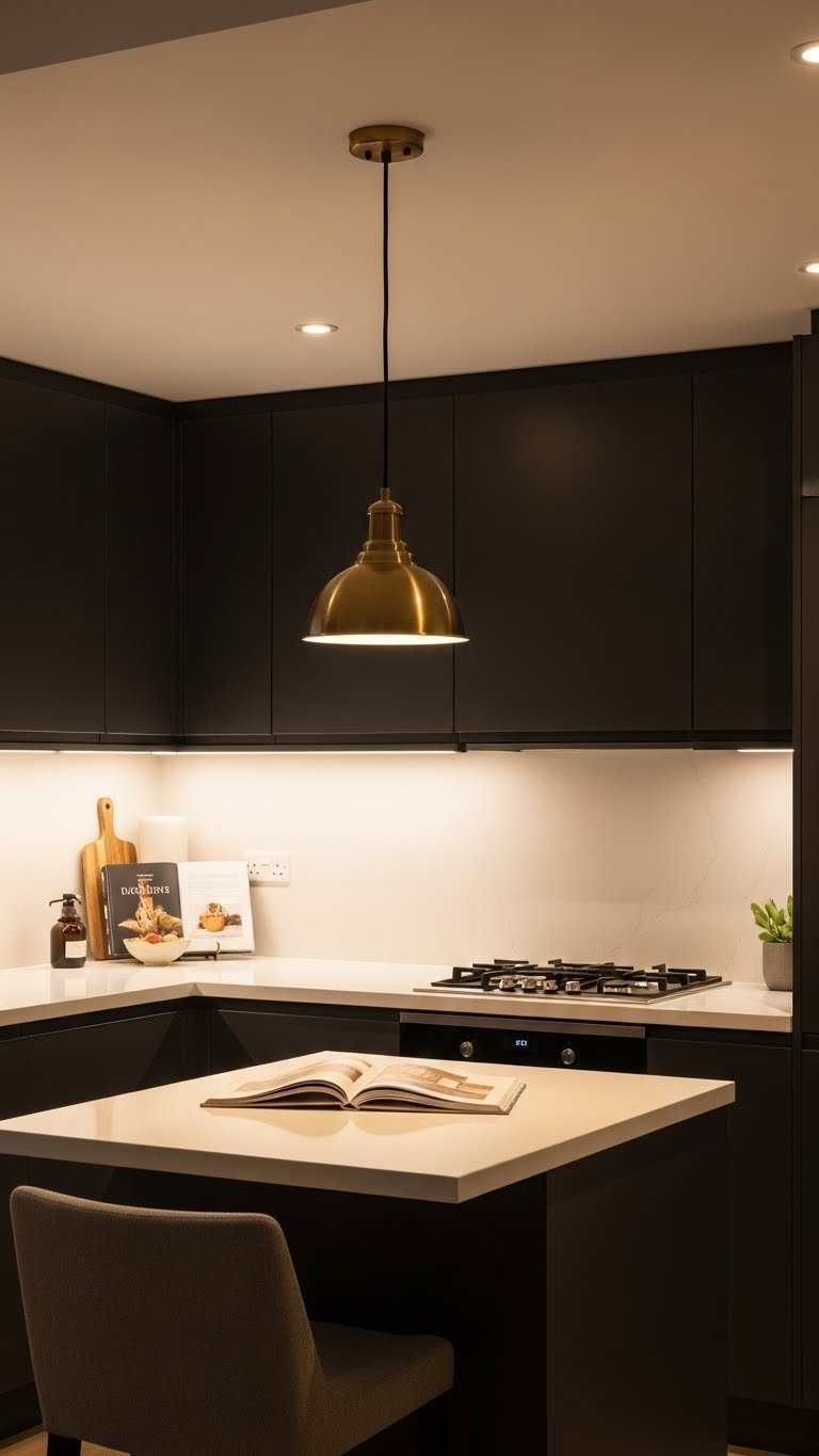 Small kitchen layered lighting featuring brass pendant light, recessed ceiling lights, and under-cabinet strip illumination