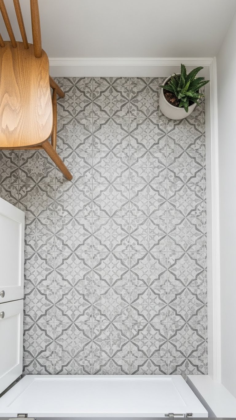 Small kitchen showcasing intricate patterned grey and white cement tile flooring with wooden chair and succulent accents in minimalist design.