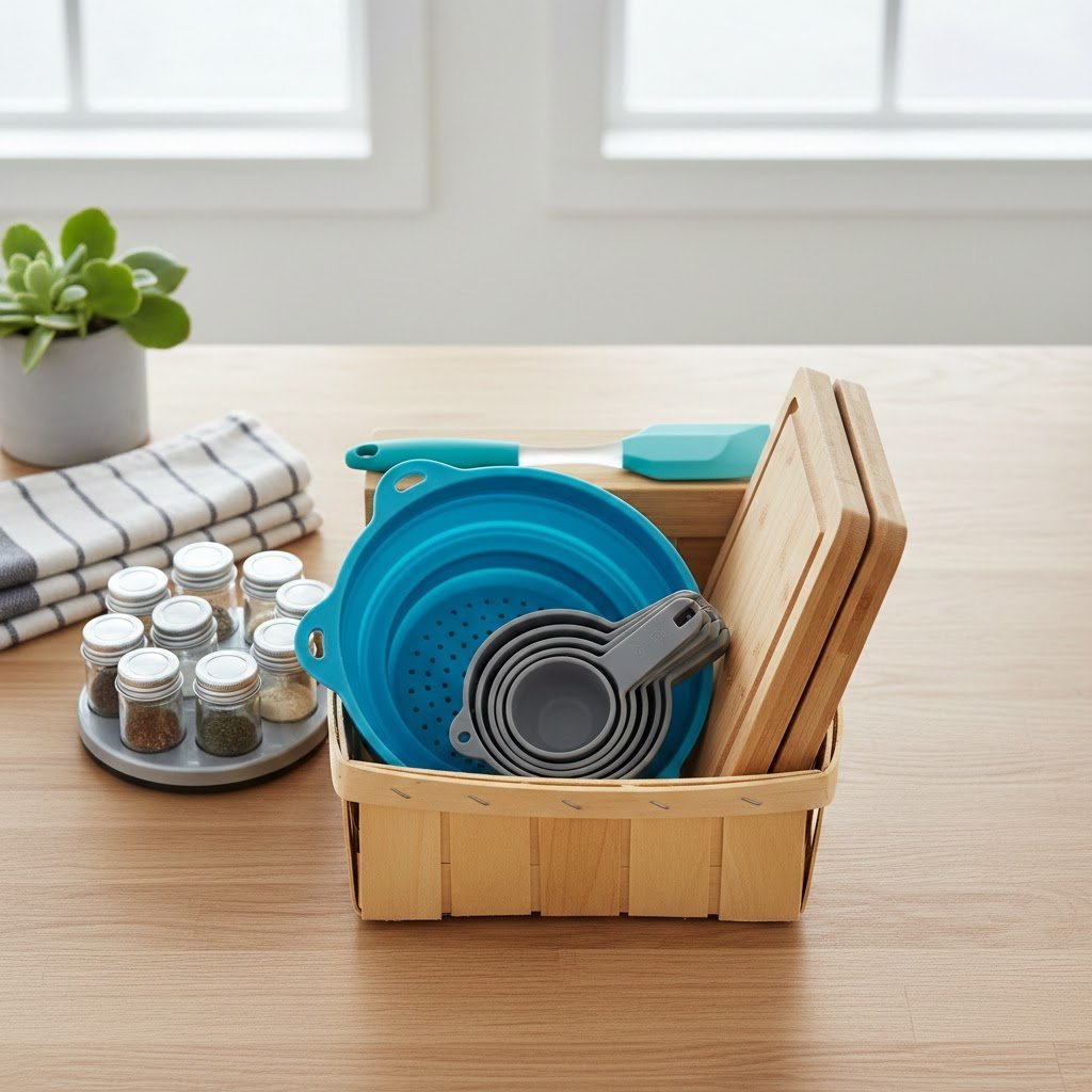 Small kitchen space saver gift basket with collapsible gadgets and stackable items organized efficiently