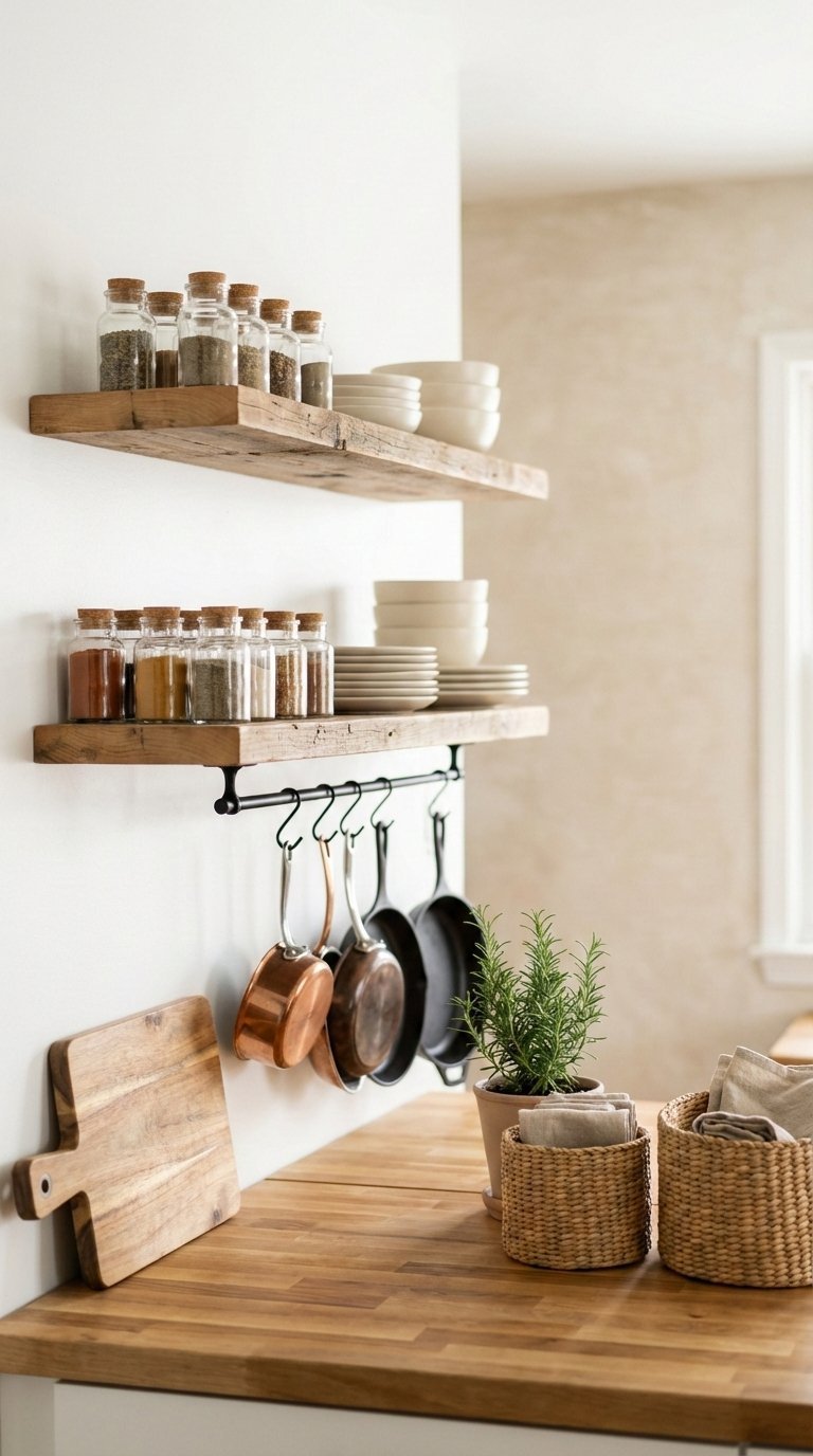 Small kitchen wall-mounted organization with open shelving displaying spices, dishware, and pot racks above butcher block countertop with natural decor.