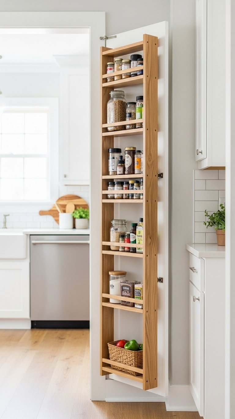 Small kitchen wall transformed into organized vertical storage unit resembling faux pantry.