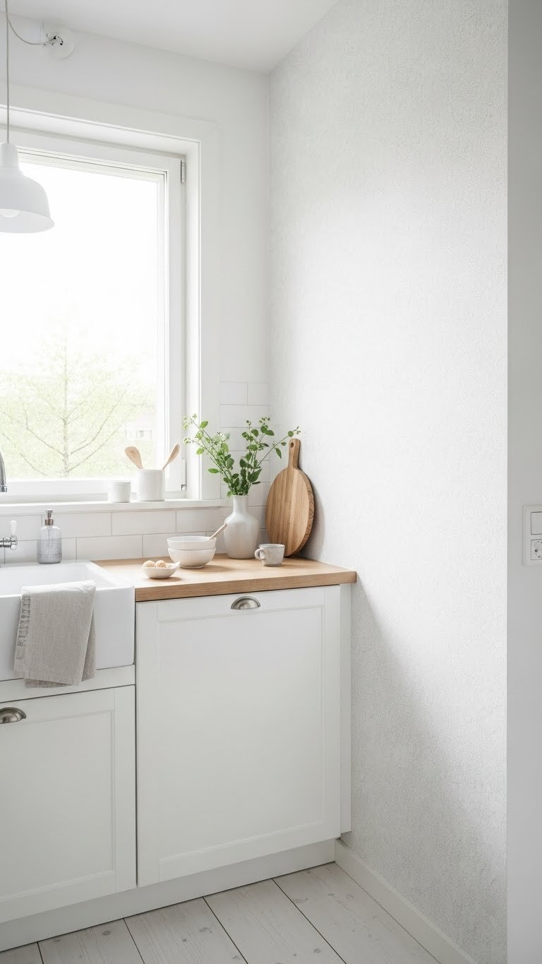 Small kitchen wall with light-toned scandi wallpaper creating airy space illusion in compact kitchen