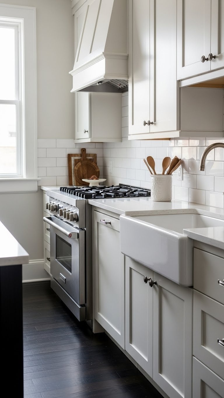 Small kitchen with dark ebony floorboards, light cabinets and glossy white subway tile backsplash reflecting natural light