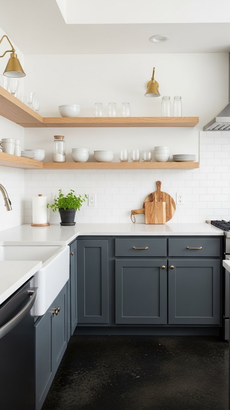 Small kitchen with dark polished concrete floors featuring open shelving with minimalist white ceramics and glassware