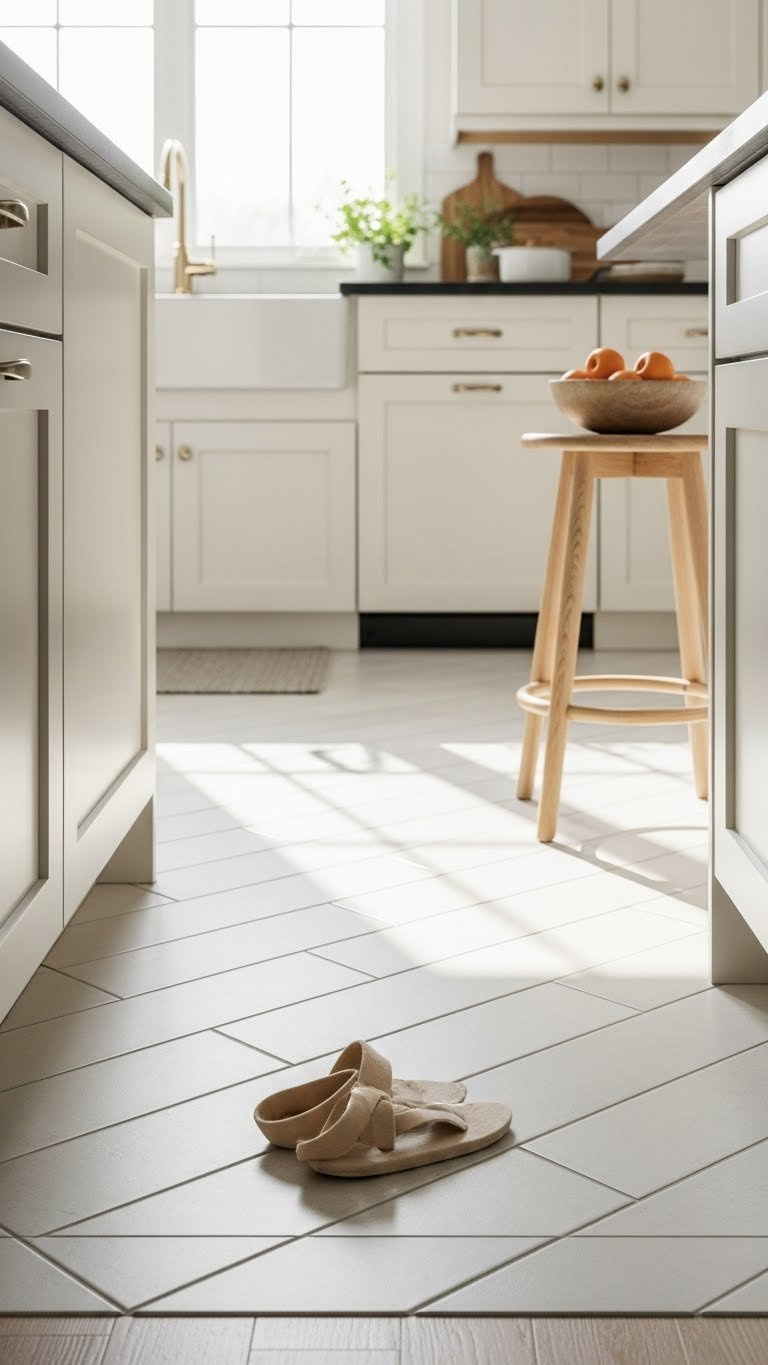 Small kitchen with light-colored square tiles laid diagonally to create spacious appearance and clean aesthetic
