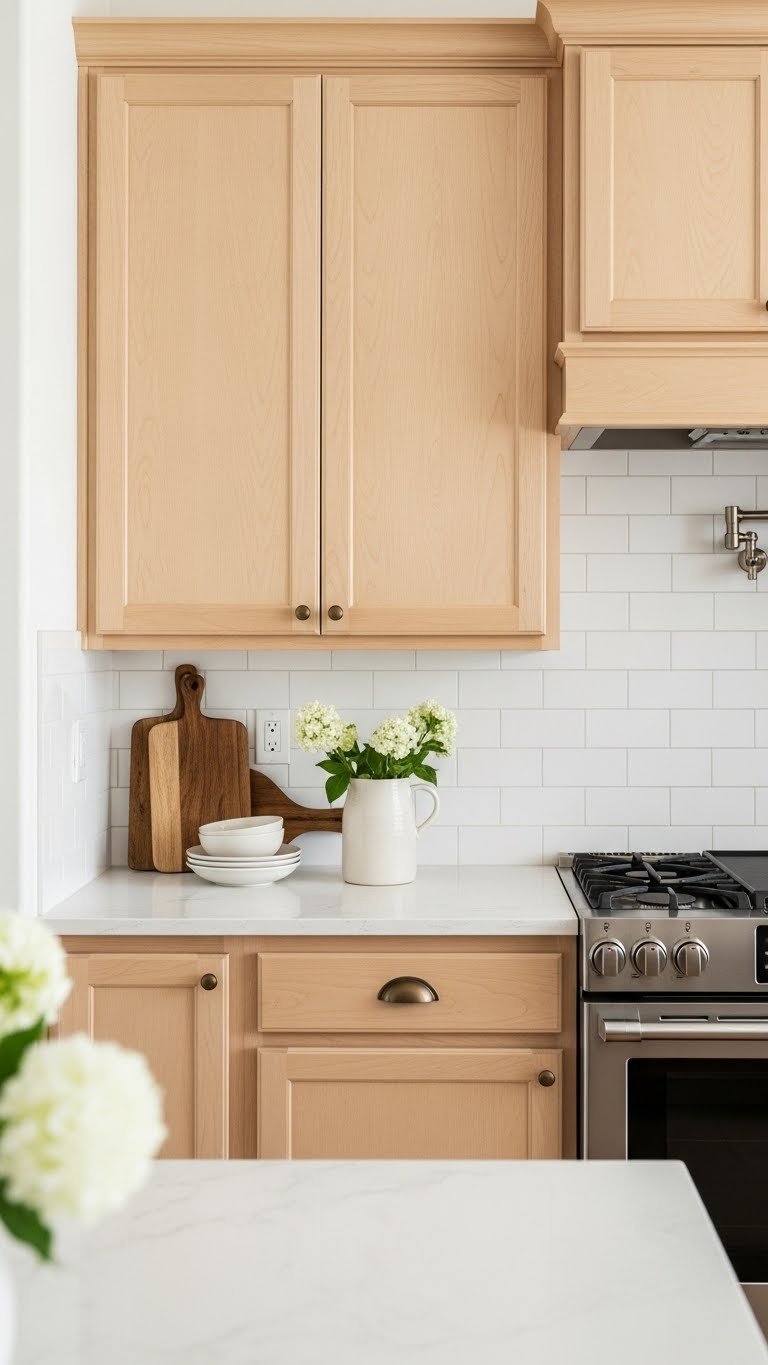 Small kitchen with natural hickory cabinets, light quartz countertops, and white subway tile backsplash creating an airy, expanded feel with white flowers and stainless steel appliances.