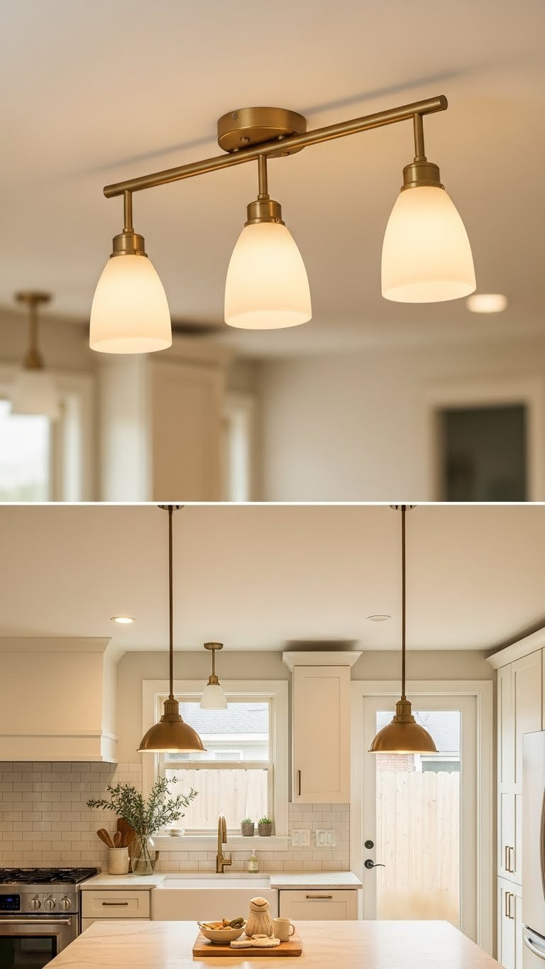Small kitchen with warm LED flush mount lighting fixtures replacing harsh fluorescent for cozy ambiance