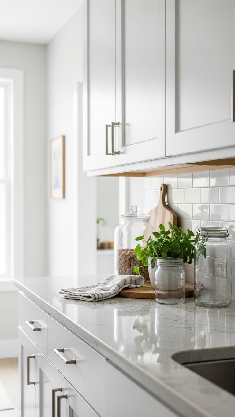 Small Kitchen Granite Countertops: 9 Genius Ideas For Space 1 Small kitchen with white granite countertops featuring subtle grey veining, light-toned cabinetry, clear glass jars, and natural lighting creating a bright, spacious feel