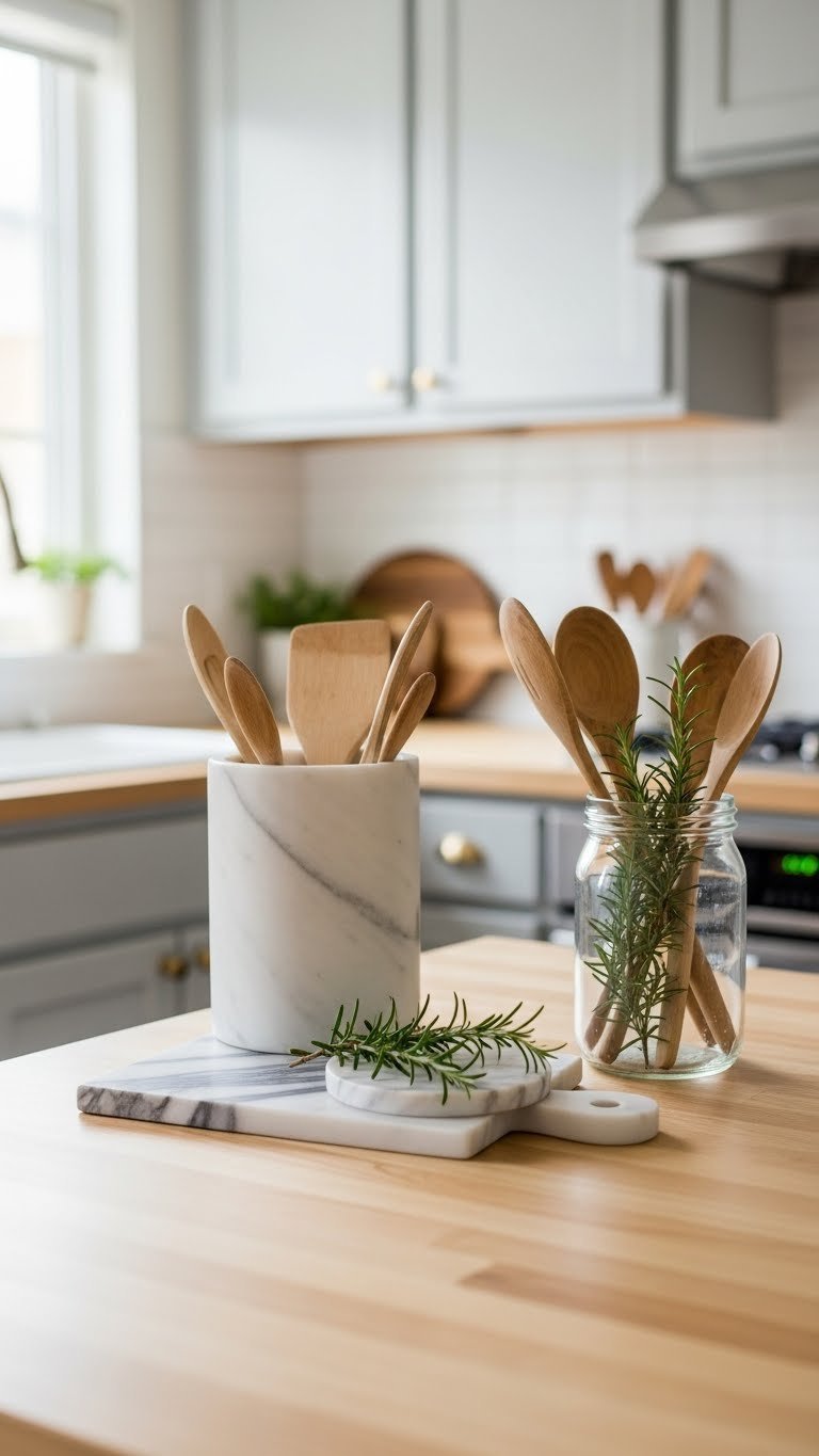 Small marble accents like cutting board and pastry board on butcher block countertop adding luxury touches to compact kitchen