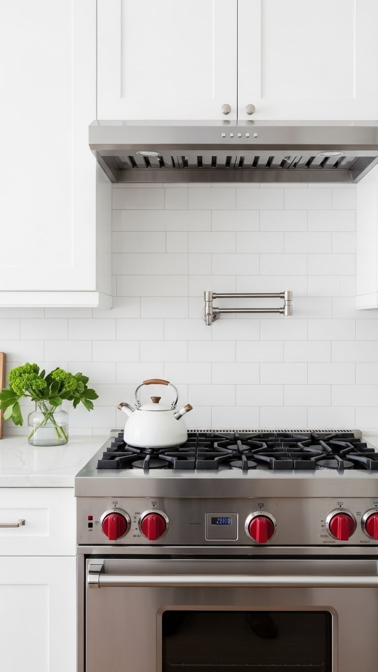 Small modern kitchen featuring glossy subway tile backsplash and stainless steel appliances reflecting light to create spacious feel