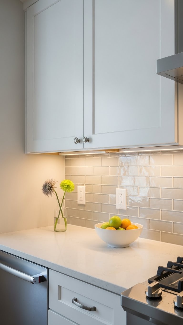 Small modern kitchen with LED under-cabinet lighting illuminating quartz countertop and subway tile backsplash in natural daylight