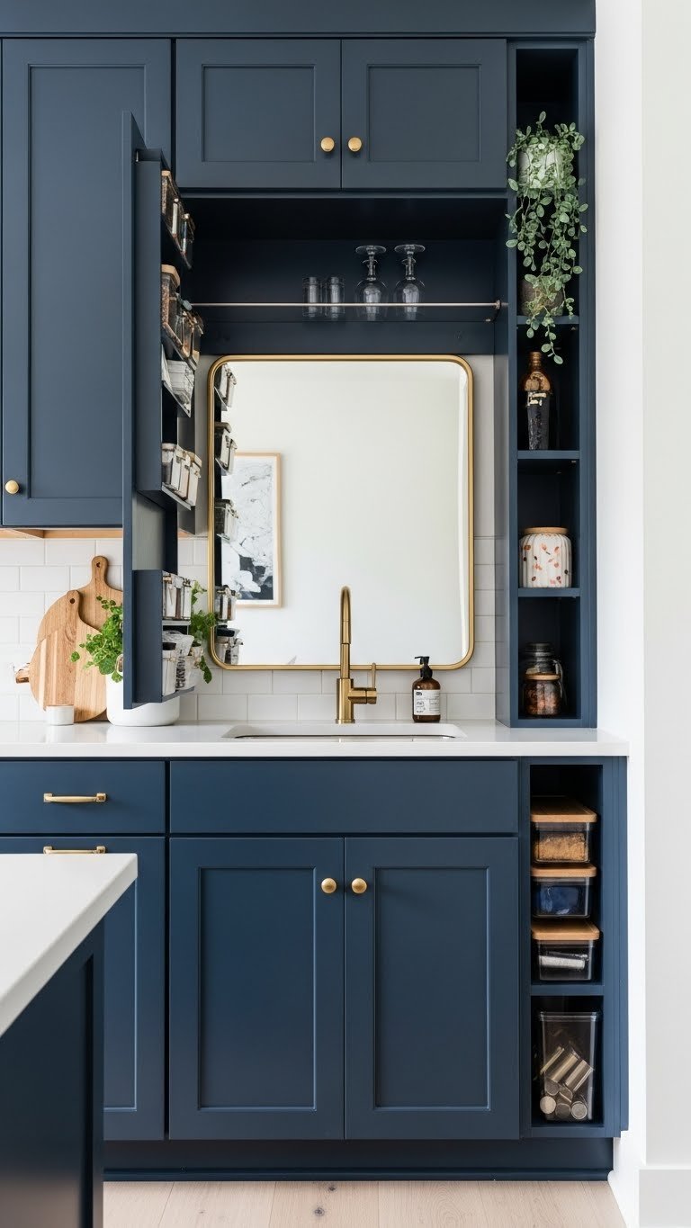 Small navy blue kitchen with floor-to-ceiling vertical storage, open shelving, and reflective surfaces for space.