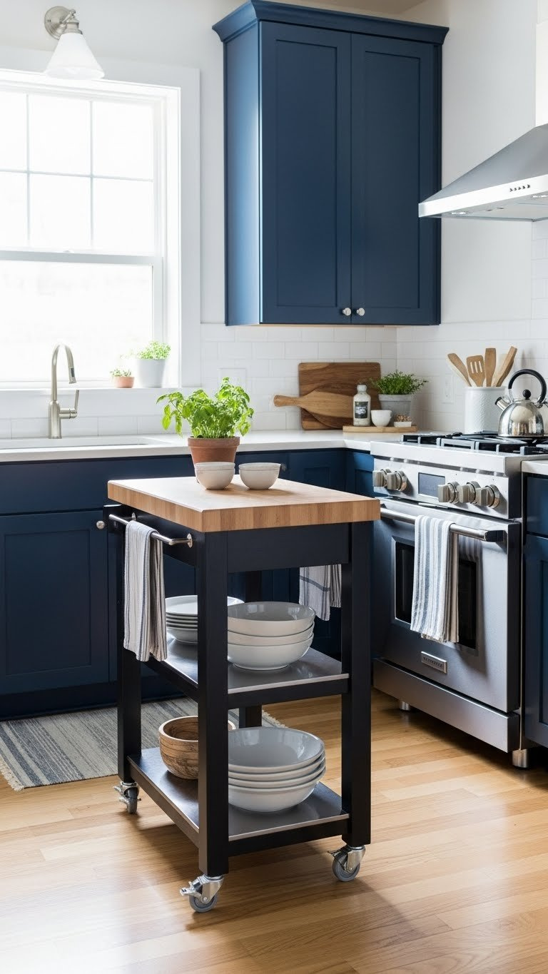 Small navy kitchen with wheeled butcher block island providing extra prep space and storage next to navy cabinets