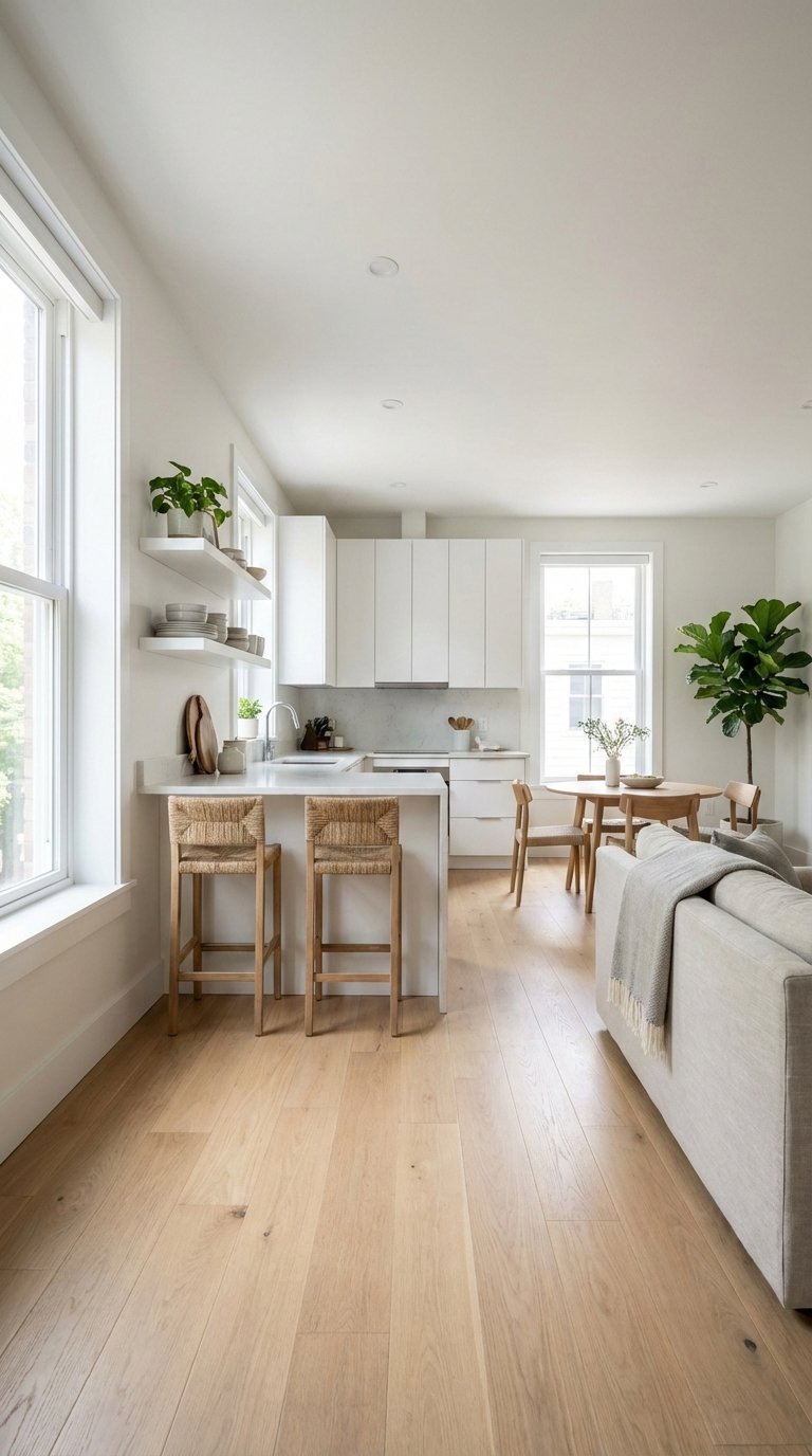 Small open-concept kitchen flowing into living area with light-toned flooring, integrated cabinetry, and seamless zone definition