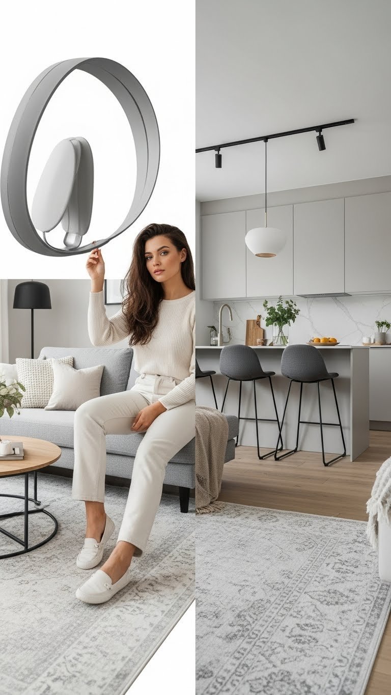 Small open concept kitchen living room with cream and gray sectional sofa, area rug, and sleek peninsula defining distinct zones. Modern interior design.