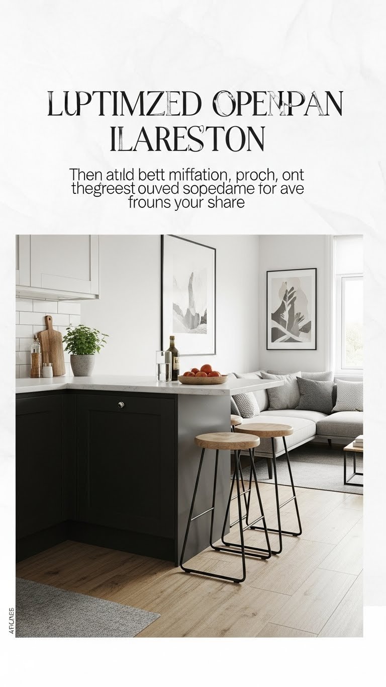 Small open concept kitchen with L-shaped island, white counter, dark cabinets, corner storage, 3 stools, herb garden. Fresh greens.