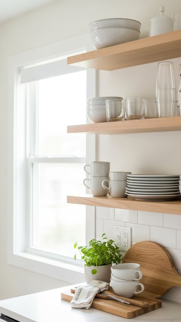 Small open kitchen featuring stylish wooden open shelving with curated dishes and decorative items