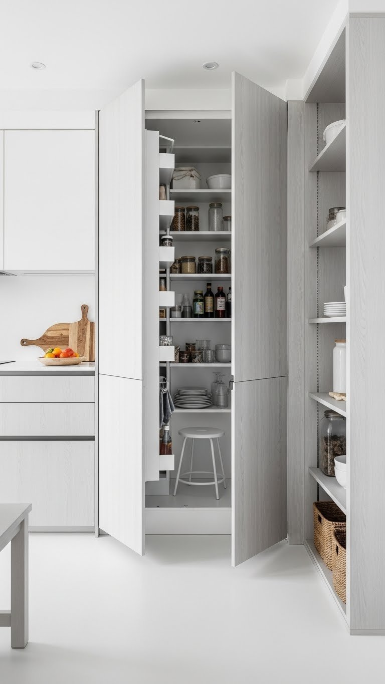 Small open kitchen living room, efficient built-in storage & vertical organization. Clean white & light gray tones create a clutter-free space.