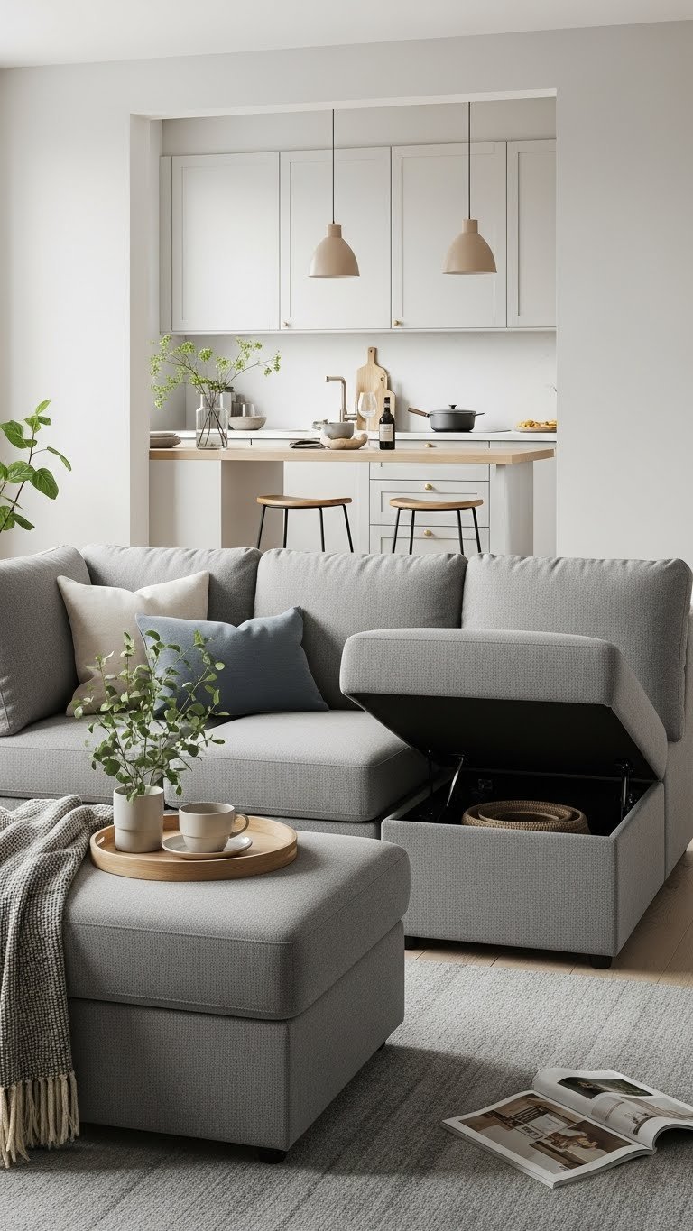 Small open kitchen living room features a modular sectional sofa and storage ottoman. Soft gray rug, warm beiges create a cozy, efficient space.