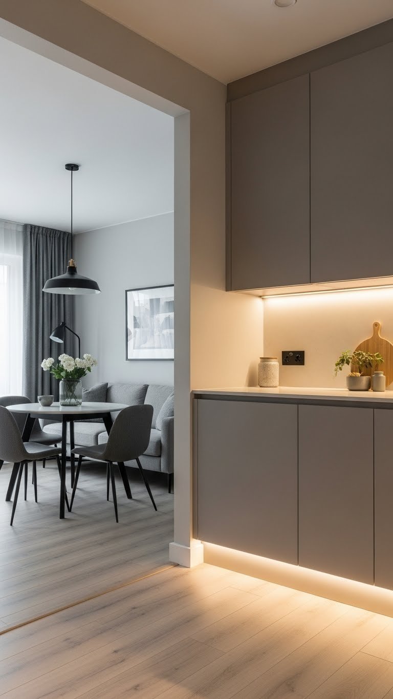 Small open-plan kitchen lighting design with task lighting zones and ambient living area illumination