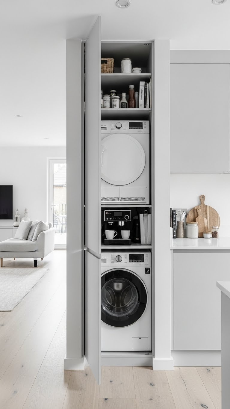 Small open-plan kitchen with hidden utility zone concealed behind sleek handleless cabinetry