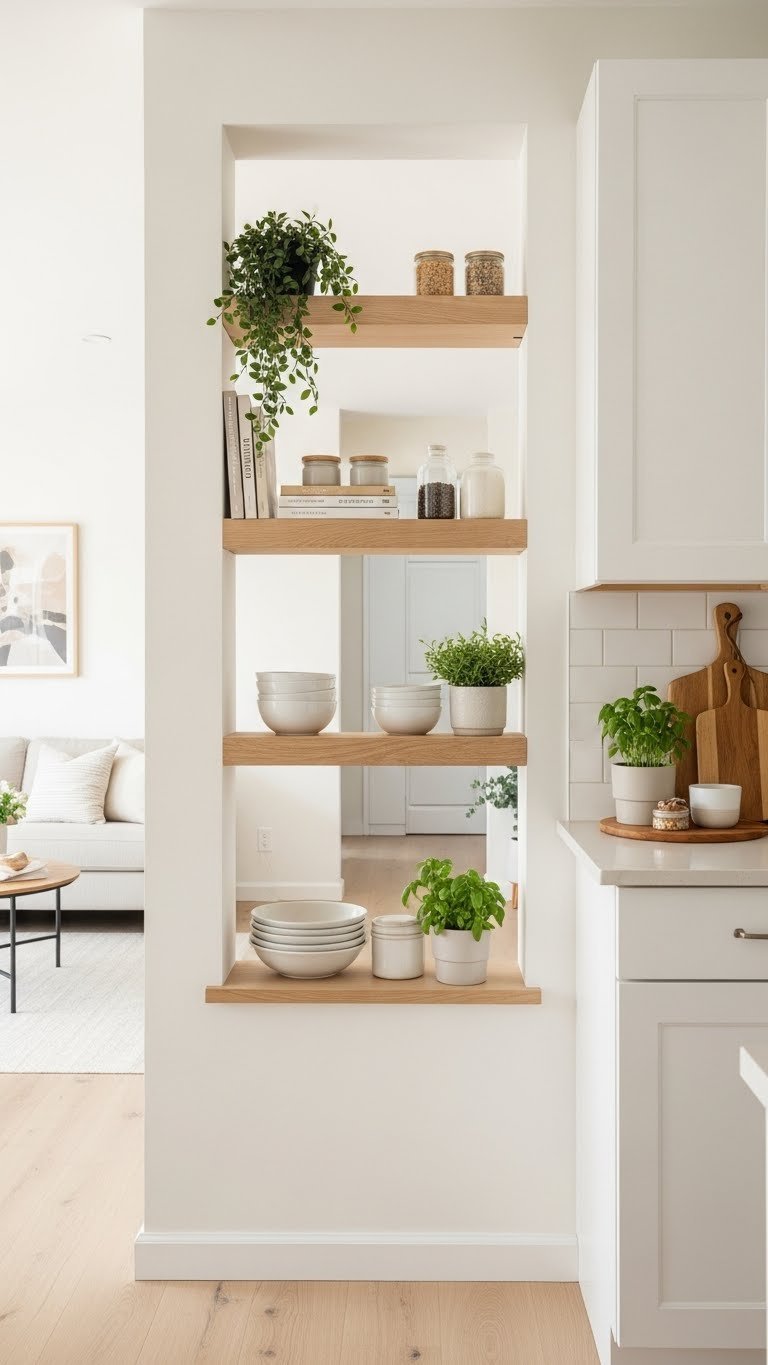 Small open-plan kitchen with open shelving dividing space while providing functional storage and display
