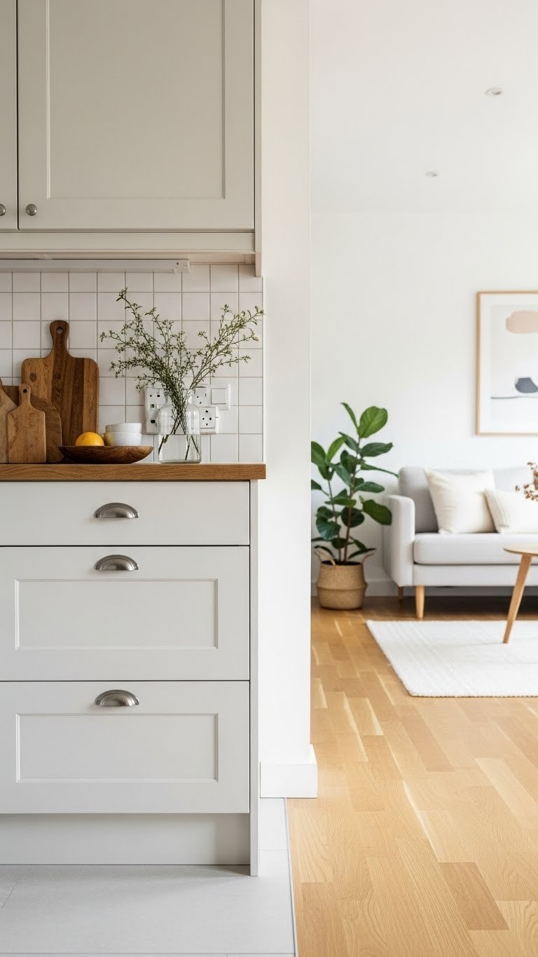 Small open-plan kitchen zoning with flooring transition from kitchen tile to hardwood living area