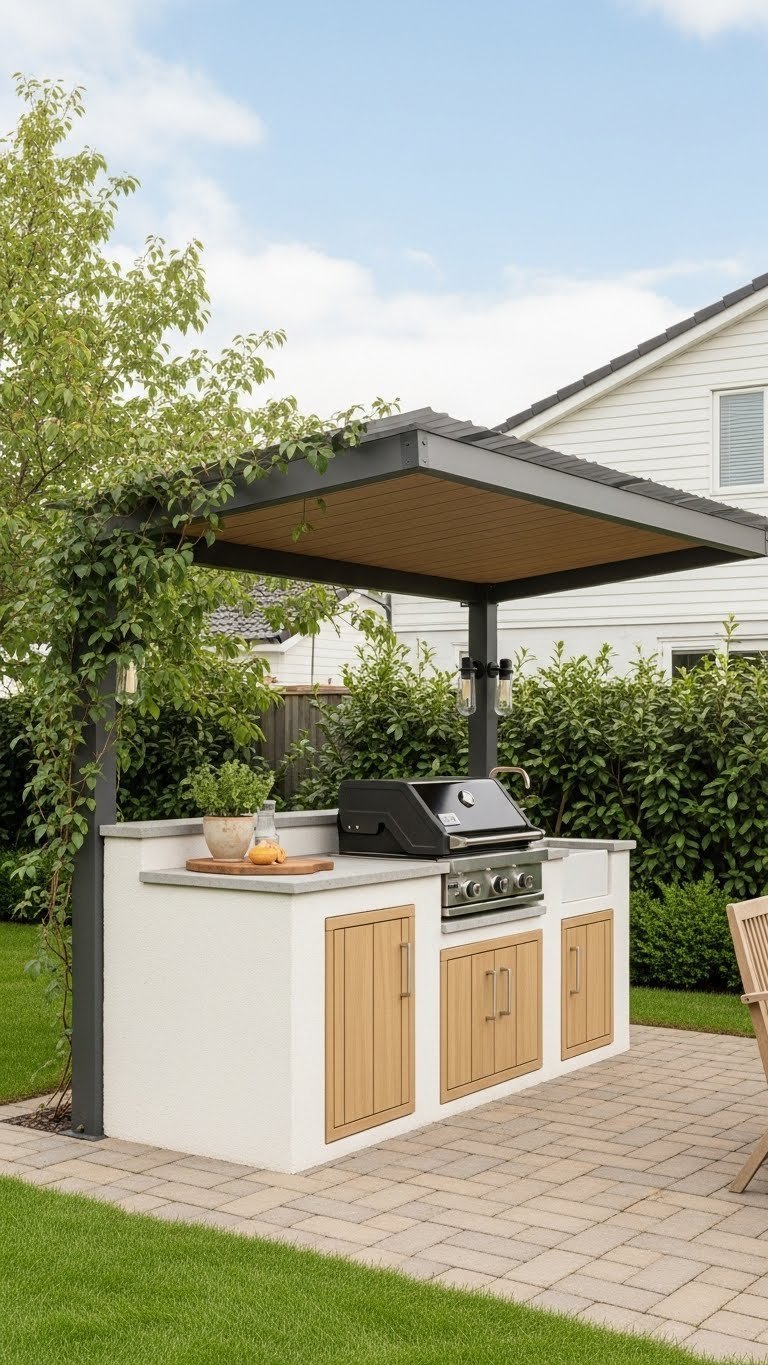 Small outdoor kitchen sheltered under covered pergola with grill and prep counter on pavers
