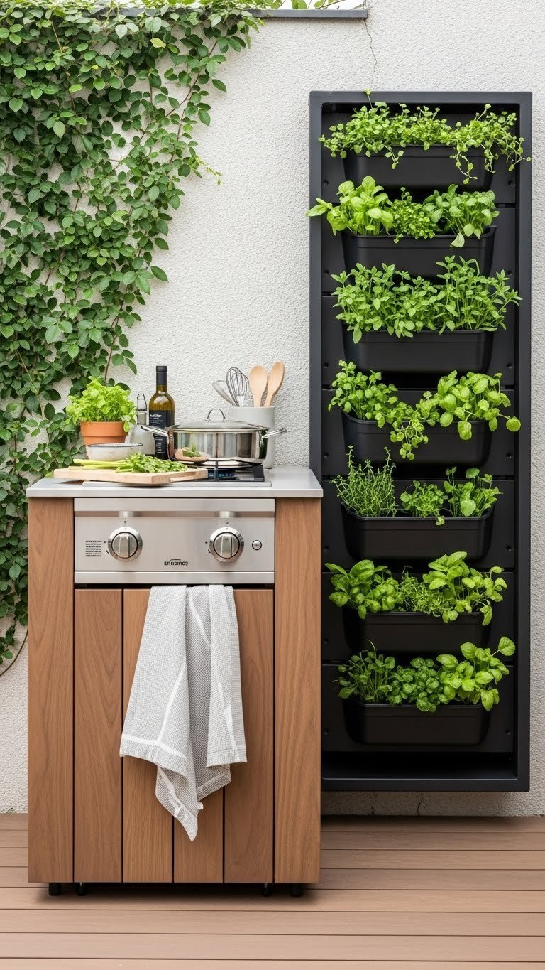 Small outdoor kitchen with vertical herb garden integrated into compact cooking area on decking