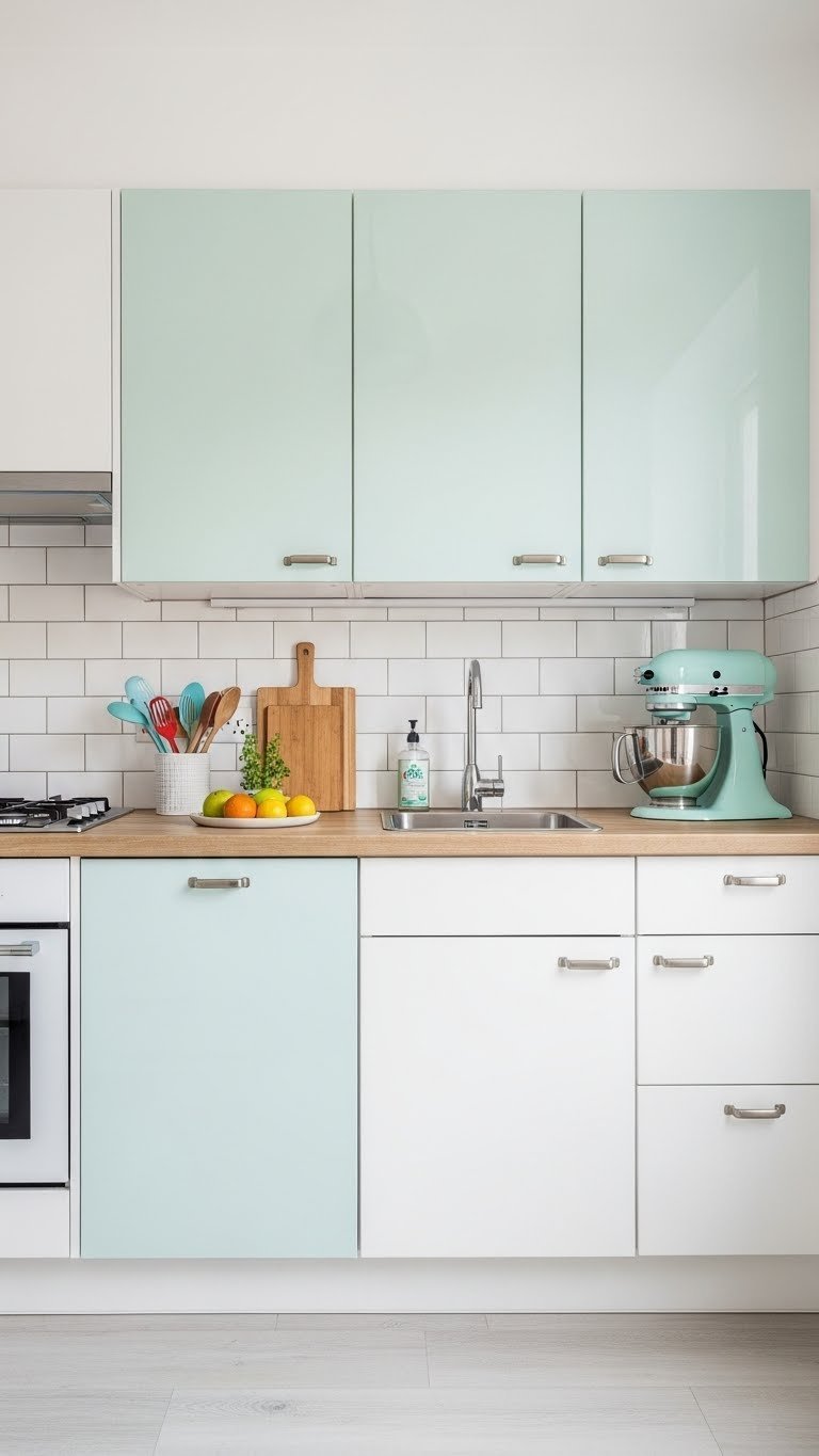 Small retro kitchen with soft pastel cabinetry, glossy finishes, subway tile backsplash, and vintage accessories in bright natural light