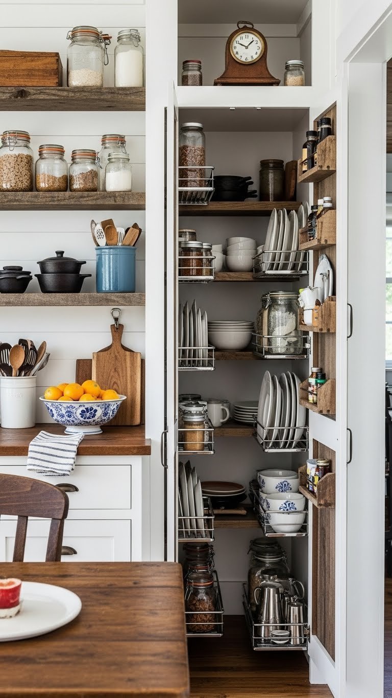 Small rustic cabin kitchen with vertical storage solutions using reclaimed wood shelving and clever space utilization.