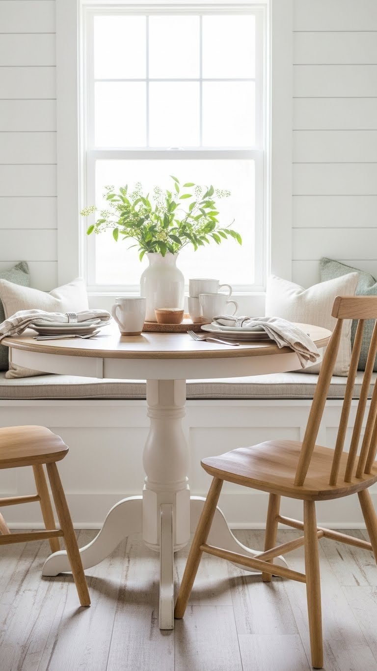 Small rustic kitchen nook with round wooden table for space-saving intimate dining arrangement.
