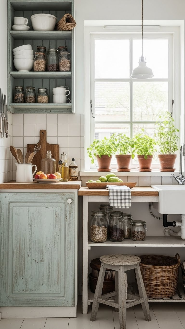 Small rustic kitchen with light-colored distressed wood cabinets and butcher block countertop