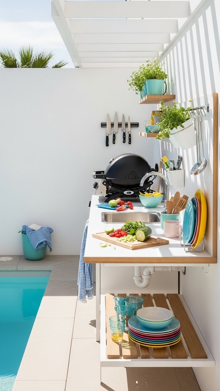 Small-space outdoor kitchen on narrow patio with compact grill and vertical storage solutions next to plunge pool