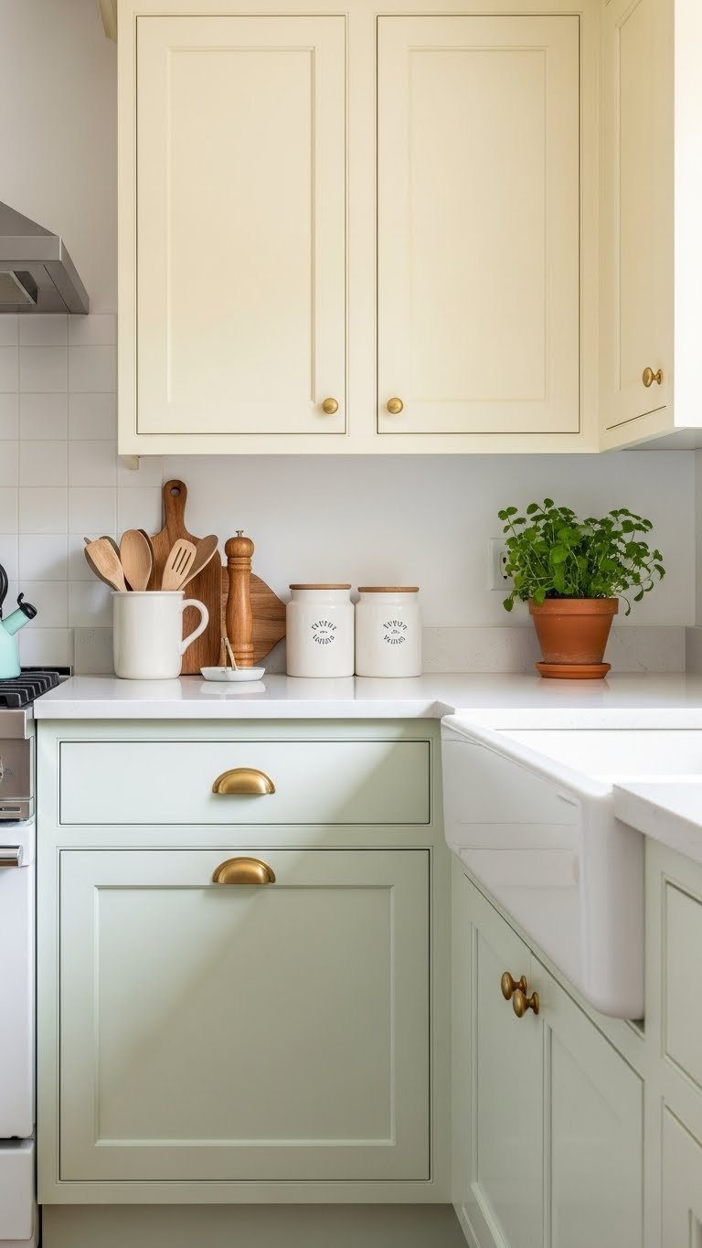 Small vintage kitchen cabinet transformation featuring mint green painted cabinets with brass hardware in compact kitchen setting