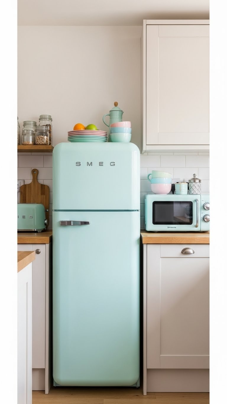 Small vintage kitchen with retro pastel refrigerator and microwave integrated into light-colored cabinetry