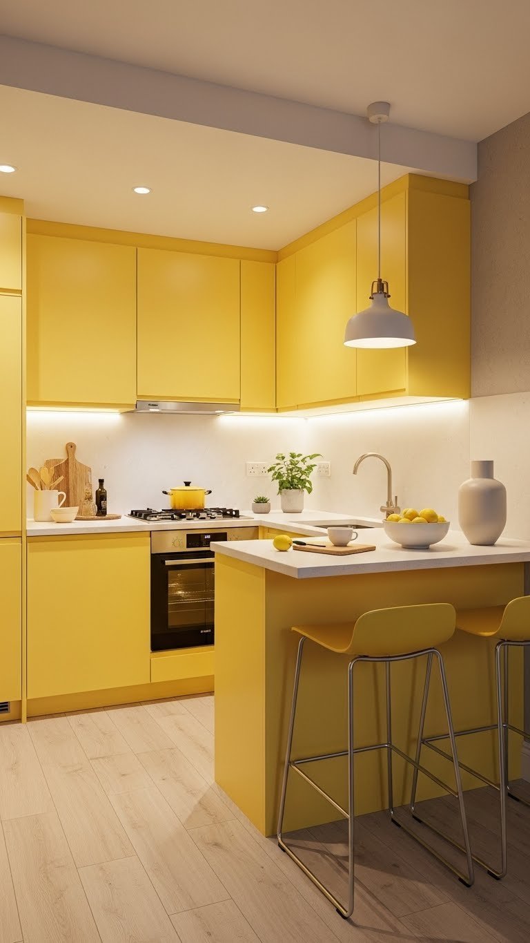 Small yellow kitchen illuminated by golden hour lighting with pendant light, LED strips, and yellow bar stools