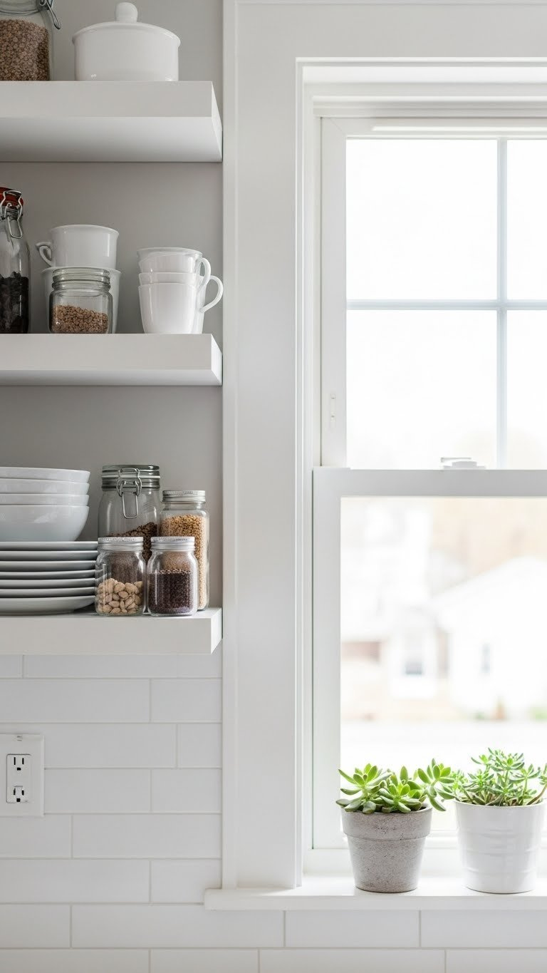 Smart Scandinavian kitchen window with minimalist open shelving displaying organized white ceramic dishes