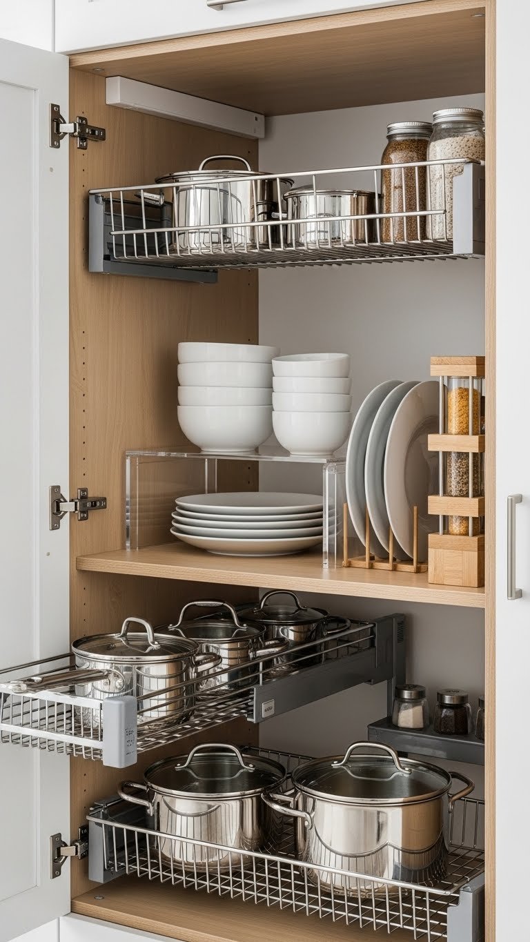 Smart cabinet organizers including wire baskets and spice rack neatly arranged in light wood kitchen cabinet interior