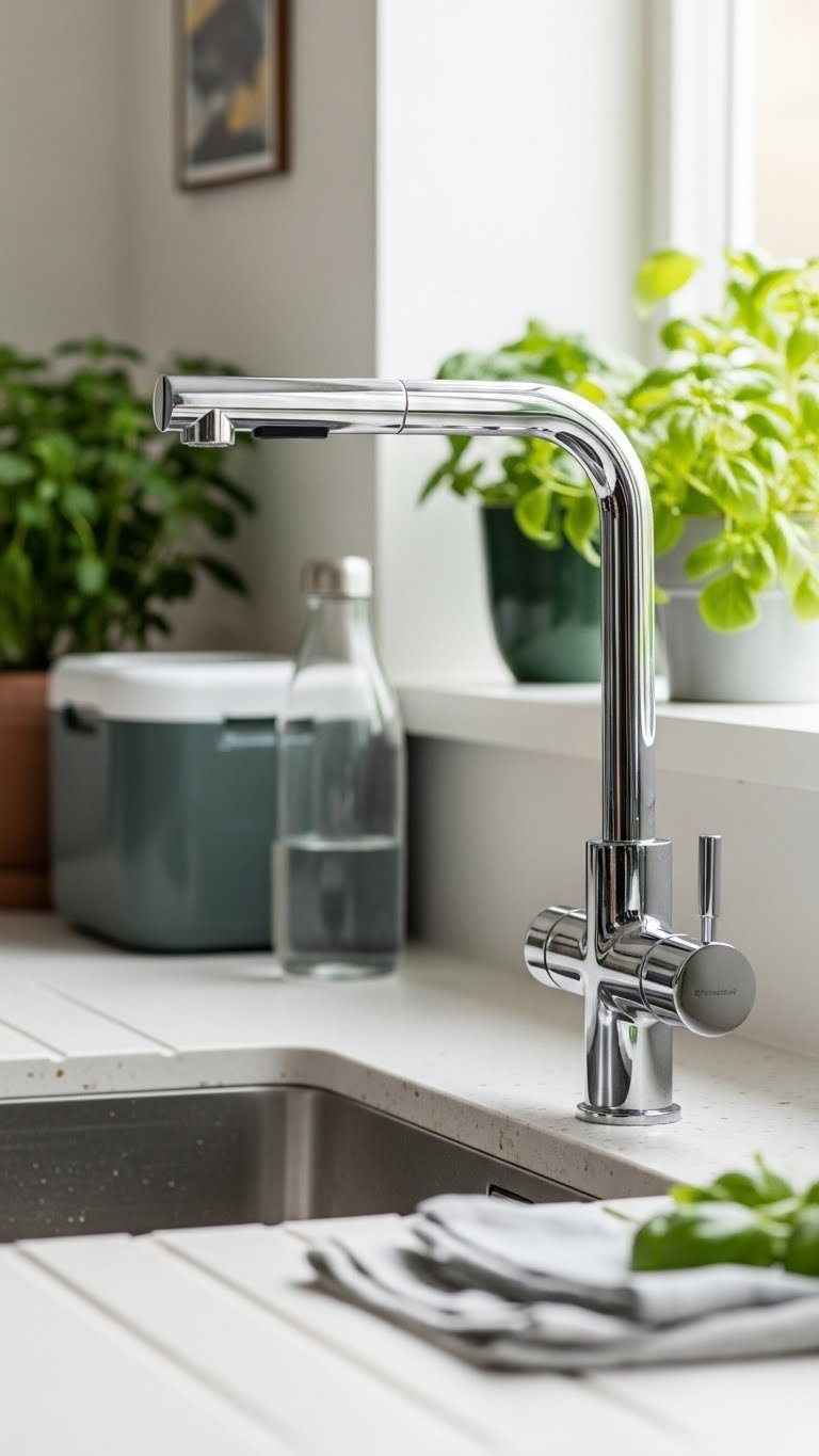 Smart chrome kitchen tap with touch controls on recycled composite countertop in eco-conscious Scandinavian kitchen with green plants.