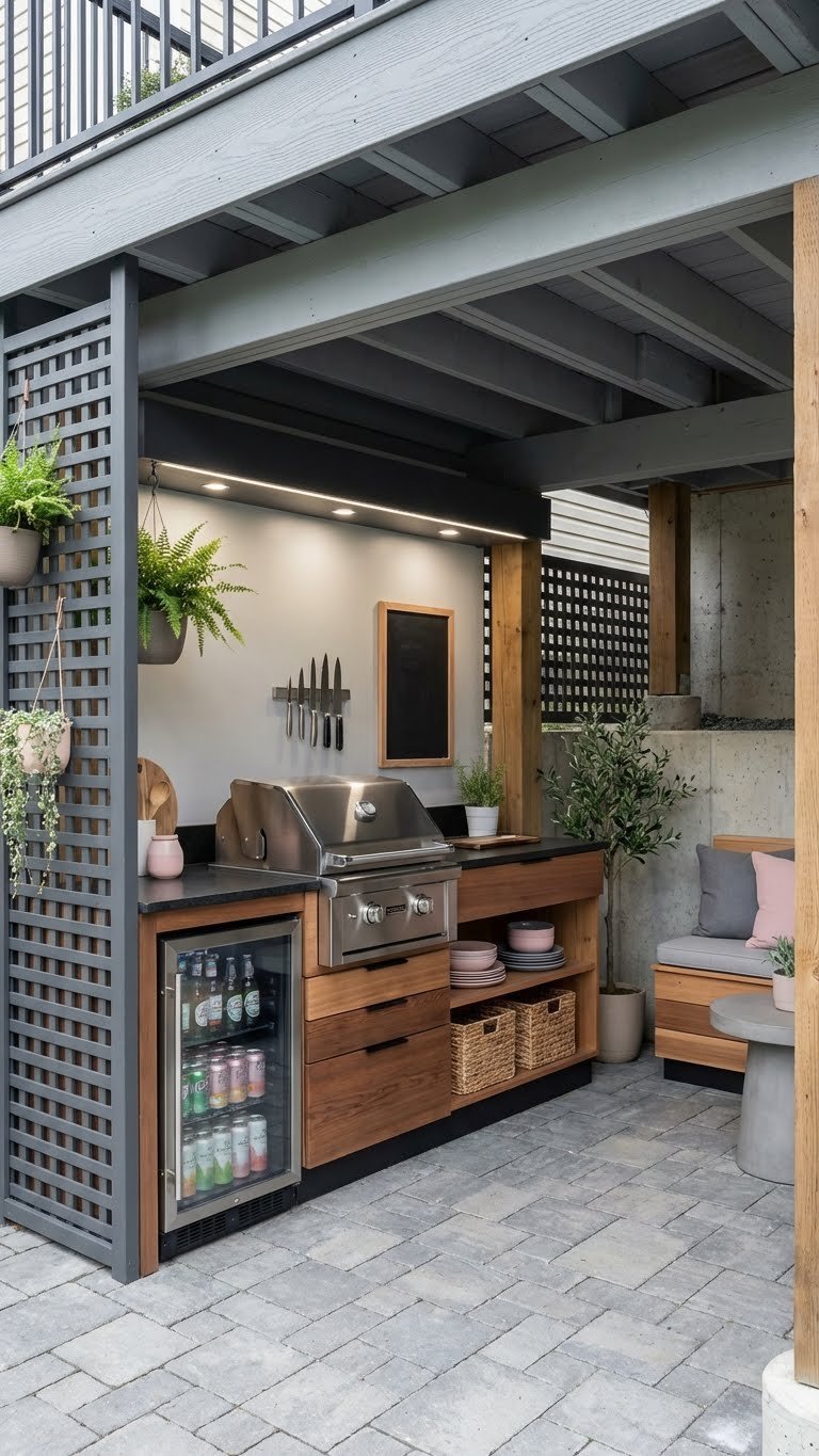 Outdoor Kitchen Enclosed Design Ideas For Year Round Use 11 Smart compact outdoor kitchen built under deck with space-saving grill setup, lattice panels, and organized storage solutions
