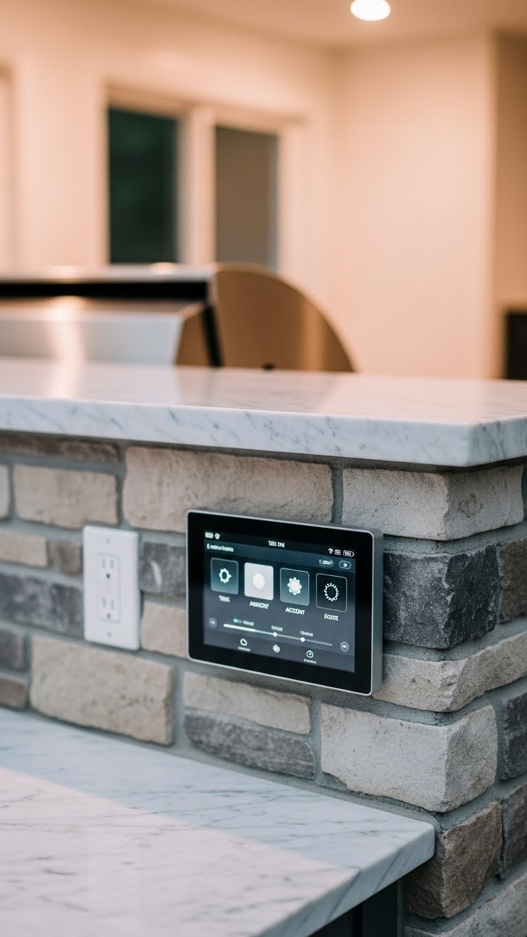 Smart home control panel mounted on stone pillar for outdoor kitchen lighting management