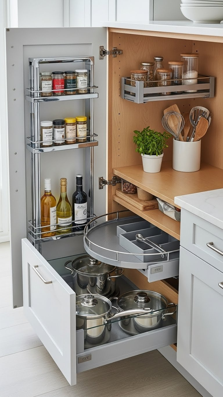 Smart kitchen cabinet interior with pull-out spice rack and custom dividers showcasing organizational solutions