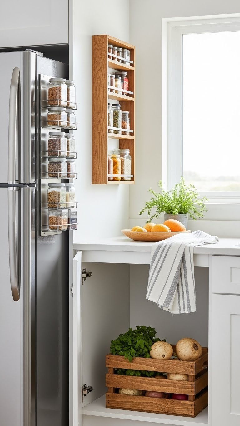 Smart kitchen storage solutions including magnetic spice rack, tiered shelf organizer, and rustic wooden crate for vegetables.