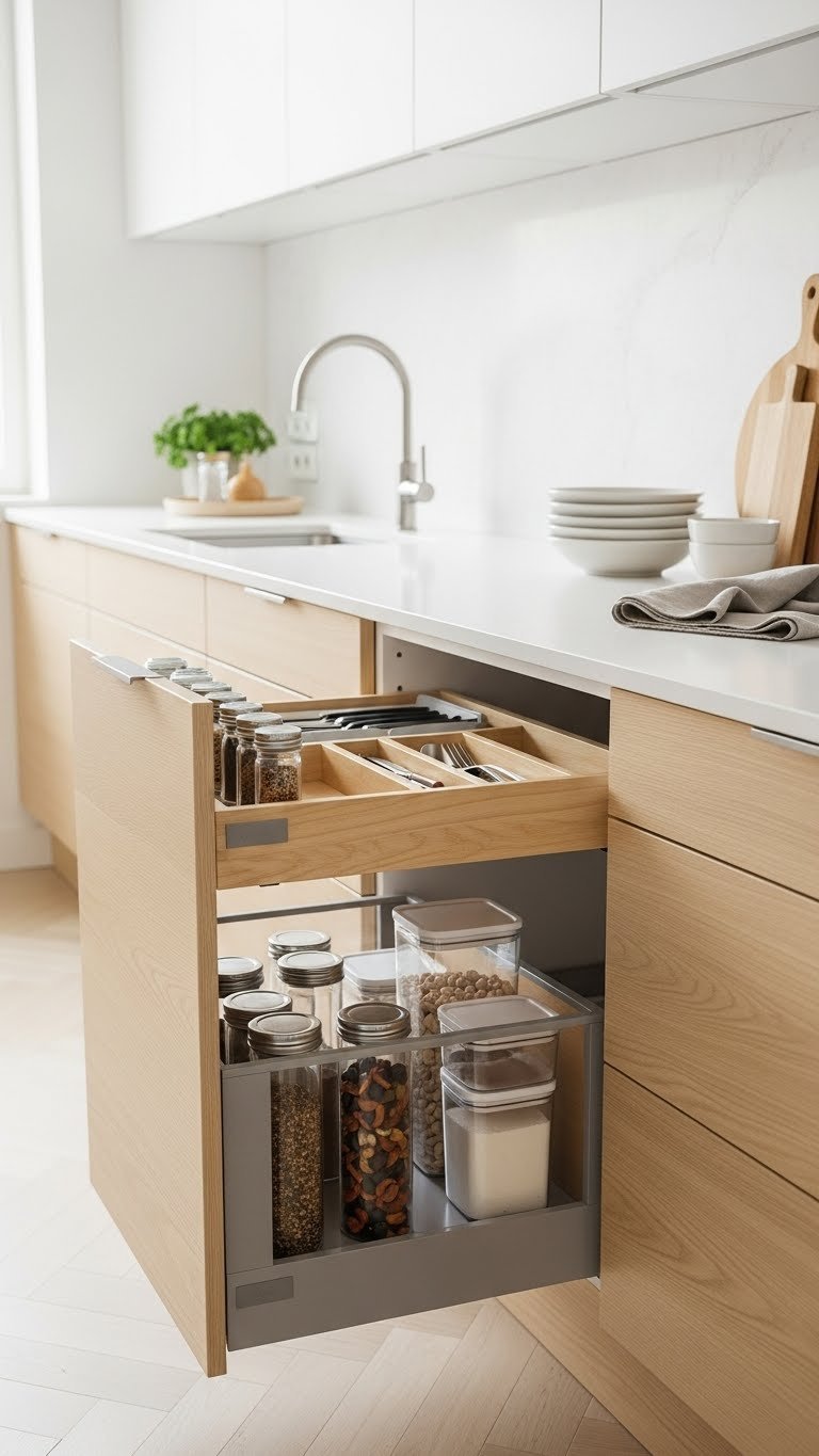 Smart organization system in Scandinavian kitchen drawer with neat spice racks and containers