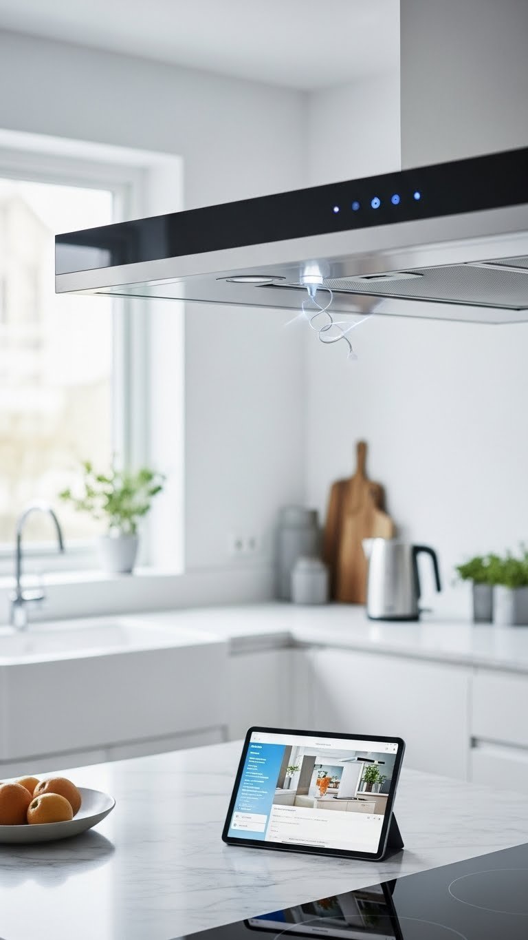 Smart range hood with subtle indicator lights demonstrating discreet technology integration.