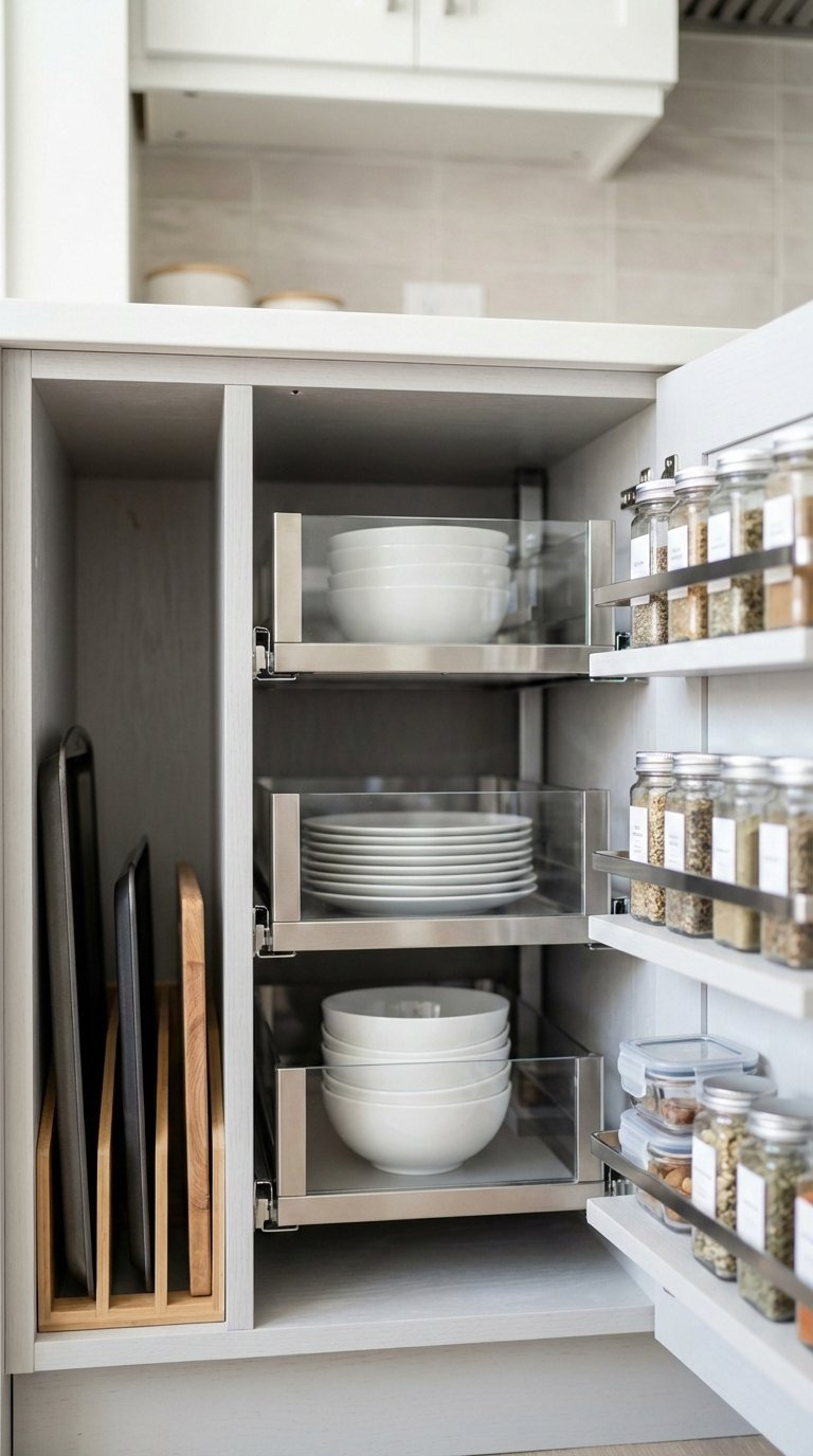 Smart storage cabinet interior with pull-out drawers and vertical dividers for organized small kitchen efficiency